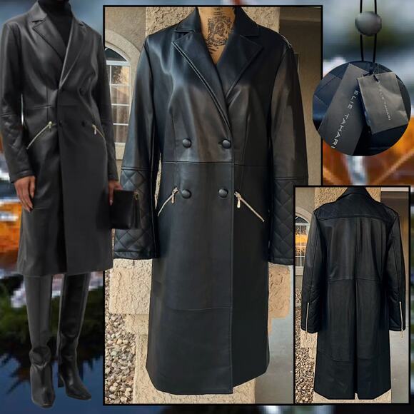 Elie Tahari The Dina Black Vegan Leather Trench Coat Size 10 NWT - Picture 1 of 9